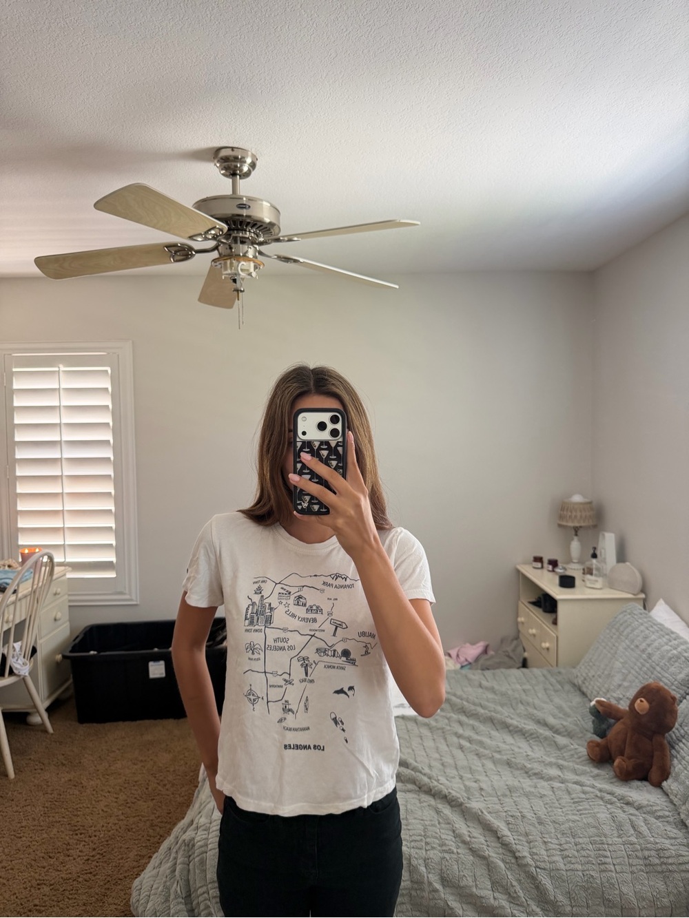 Brandy Melville White Graphic Crewneck Tee with Navy LA Map Print